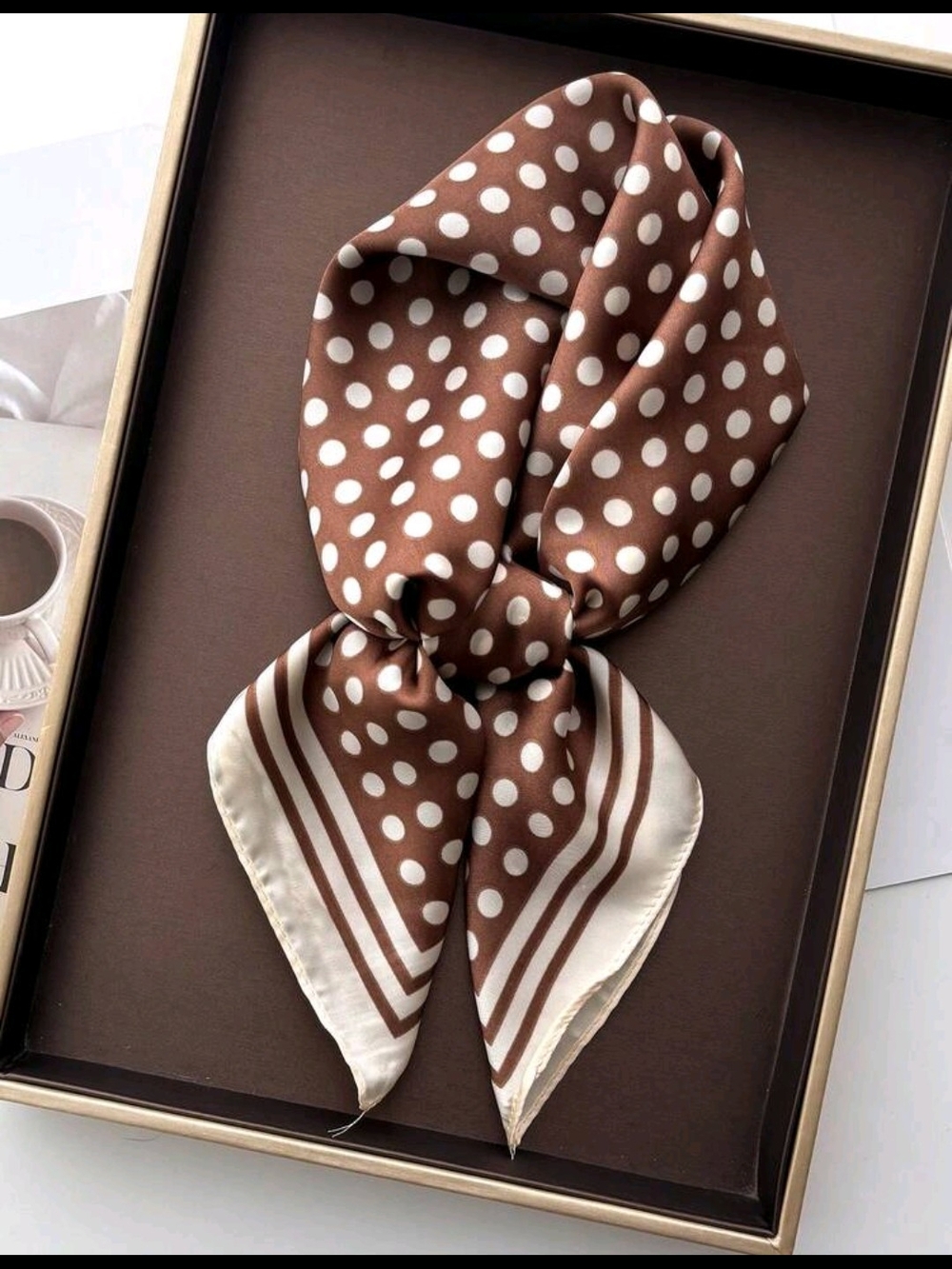 Polka Dot Brown Silk-Look Scarf - Women Accessories 27.5"/27.5"